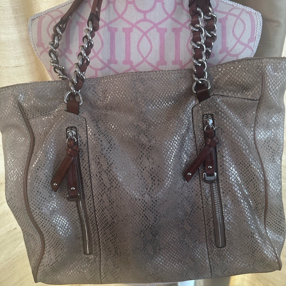 B. Makowsky Gray snake skin Tote Bag with Chain Handles